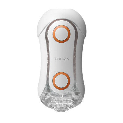 The Tenga Flip Orb Discreet Penis Masturbator - Orange Crash by Tenga is a white, sleek, cylindrical device with two orange circular accents on the front. The lower half features a transparent section that reveals part of its inner structure. The word "TENGA" is prominently displayed in the center, making this masturbation stroker both visually appealing and functional.