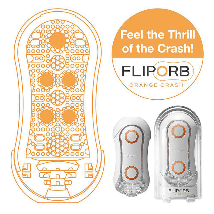 The image displays a promotional poster for the "Tenga Flip Orb Discreet Penis Masturbator - Orange Crash" from Tenga. It features a diagram and two views of the product, showcasing its white design with orange accents, pleasure orbs, and the slogan "Feel the Thrill of the Crash!