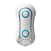 An image of the Tenga Flip Orb Penis Masturbator - Blue Rush, a male sex toy by Tenga. The device is white with blue circular accents and boasts a sleek, curved design. The bottom part is transparent, revealing some internal components and pleasure orbs. The brand name "Tenga" is imprinted on the front.