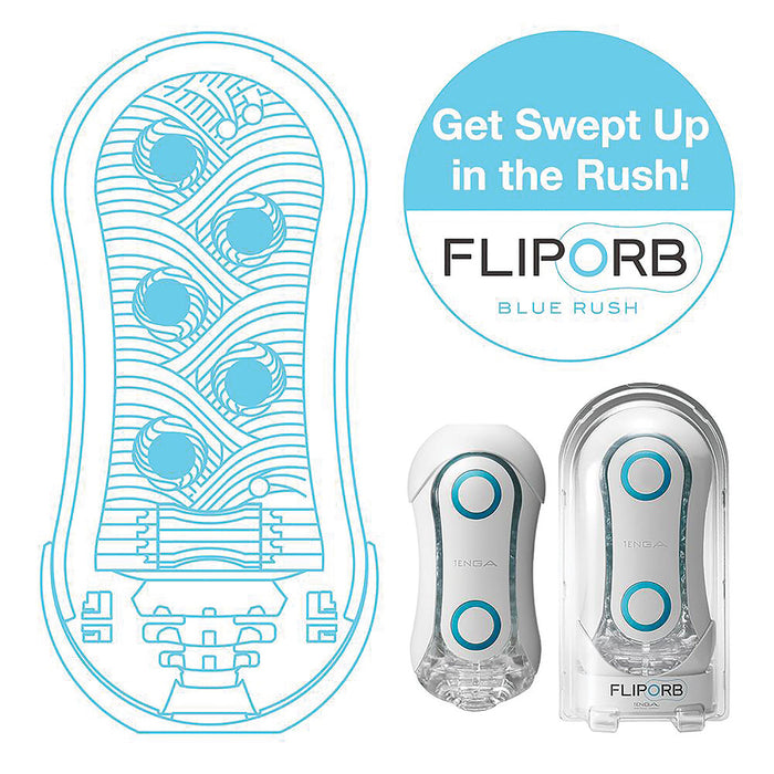 Diagram and promotional image for the Tenga Flip Orb Penis Masturbator - Blue Rush. The diagram on the left showcases its internal structure with spiral designs and pleasure orbs. Center-right features a circular logo with the text "Get Swept Up in the Rush! FLIP ORB BLUE RUSH." Two product images are shown below.