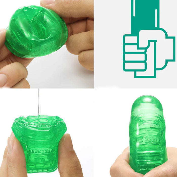 A collage of three images showing hands manipulating a green, gel-like textured Tenga Uni Topaz Finger Sleeve for Stroking and Clit Massage. top image: material being stretched. middle: material suspended vertically. bottom: material compressed between fingers.