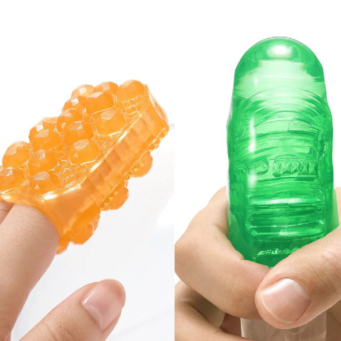 Two images of fingers wearing Tenga Uni Variety Pack textured finger sleeves, one orange and the other green, against a white background designed as discreet masturbators.