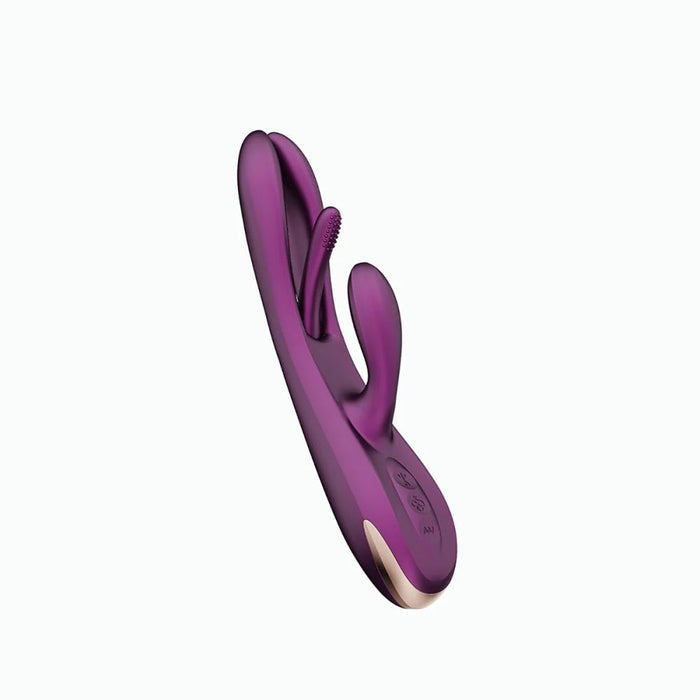 Introducing the Terri App-Controlled Kinky Finger Tapping Rabbit Vibrator by Honey Play Box in a striking purple hue. This sleek device boasts a smooth finish and features dual rounded ends designed for both internal and external g-spot stimulation. Multiple buttons on the handle allow for easy adjustment of vibrating modes. The product is showcased against a white background.