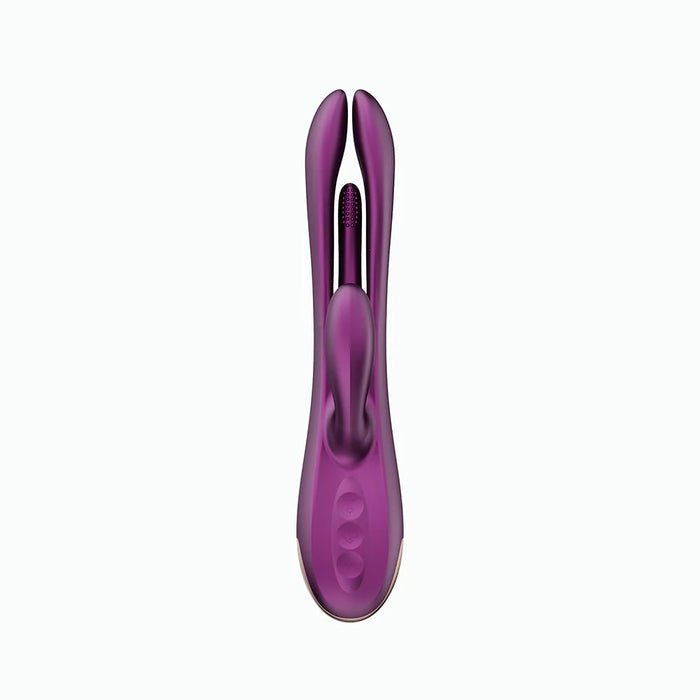 Introducing the Terri App-Controlled Kinky Finger Tapping Rabbit Vibrator by Honey Play Box in a vibrant purple. This ergonomically designed intimate toy features dual flexible prongs, a textured central shaft for effective g-spot stimulation, and a rounded handle with three easily accessible buttons. Its sleek and modern appearance is complemented by multiple vibrating modes, perfect for enhancing intimate moments.