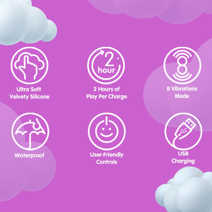 A purple background featuring six icons accompanied by text that highlights the key features of the Creative Conceptions Glee Spot Ultra Soft First Time Flexible Silicone Vibrator - Purple: "Ultra Soft Velvety Silicone" with a hand icon, "2 Hours of Play Per Charge" with a clock icon, "8 Vibration Modes" with a waves icon, "Waterproof" with an umbrella icon, "User-Friendly Controls" with a smiley face icon, and "USB Charging" with a USB plug icon.