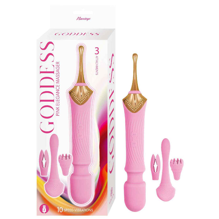 A pink double-ended wand and pinpoint vibe from Nasstoys, featuring three attachments for targeted stimulation and gold accents, called The Goddess.