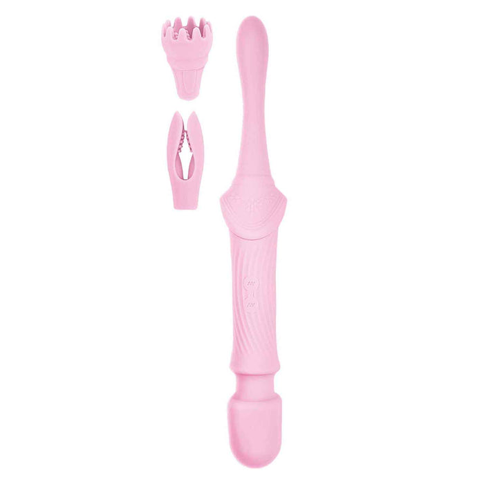 The Goddess Double Ended Wand + Pinpoint Vibe with 3 Attachments by Nasstoys, is a pink handheld massage device featuring a long handle and a smooth rounded tip. It includes three attachments, among which are a flower-like massager and pincers-like massager for targeted stimulation.