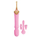 Introducing The Goddess Double Ended Wand + Pinpoint Vibe with 3 Attachments - Pink by Nasstoys, an electric dental flosser featuring a ribbed handle and three interchangeable tips: a brush, a pick, and a specialized cleaning head for targeted stimulation. The flosser is equipped with buttons on the handle for easy settings adjustment.