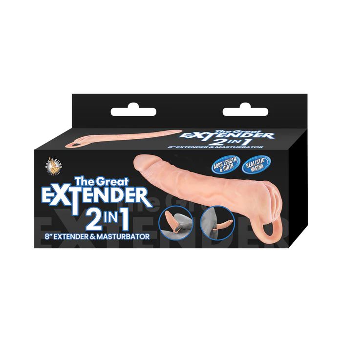 A box labeled "The Great Extender 2 in 1 8 Inch Penis Extender and Stroker - Vanilla" by Nasstoys displays an image of a realistic skin-toned extender and pocket pussy stroker. The packaging highlights features such as a lifelike vagina entrance, realistic design, and provides views of the product from different angles.