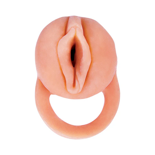 A silicone ring with a realistic vulva design on top, displayed against a white background. The Nasstoys "The Great Extender 2 in 1 9 Inch Penis Extender and Stroker - Vanilla" is flesh-colored and features detailed labia, closely resembling a realistic pocket pussy stroker.