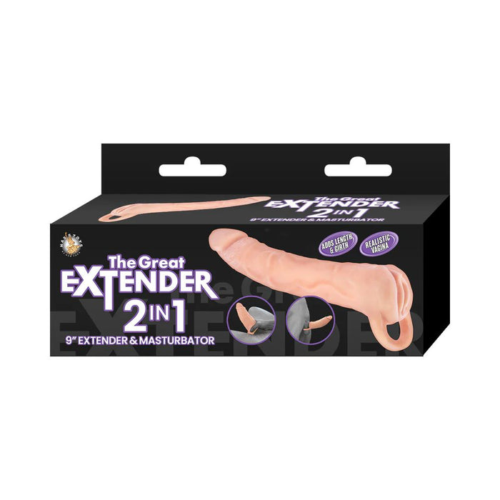 The packaging for Nasstoys' "The Great Extender 2 in 1" prominently features the 9-inch penis extender and realistic pocket pussy stroker. The box showcases images of the product, highlighting attributes such as an adjustable fit and lifelike touch, with the product depicted in a vanilla flesh tone.