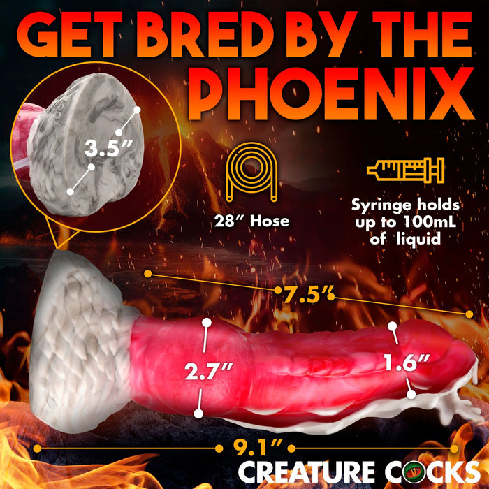 Promotional graphic for XR Brands' 'The Phoenix Squirting 9 inch Silicone Fantasy Dildo.' Features dimensions: length 9.1 inches, girth ranging from 2.7 to 1.6 inches, a 3.5-inch opening, and a 28-inch hose for fluid squirting. Comes with a syringe holding up to 100 mL. Background showcases flames and includes an optional suction cup base.