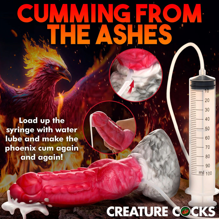 The image showcases a promotional advertisement for "The Phoenix Squirting 9 inch Silicone Fantasy Dildo" by XR Brands. It features the red and gray Phoenix dildo with a suction cup base, paired with a syringe filled with lube. In the background, a fiery phoenix is depicted, accompanied by instructions on use and hints at squirting fluids.