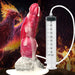 A vibrant, fiery phoenix is seen in the background, surrounded by flames. In the foreground, The Phoenix Squirting 9 inch Silicone Fantasy Dildo by XR Brands intricately depicts a red dragon's head with white liquid squirting from it. The dildo is connected to a syringe with a long tube and features a suction cup base for stability.