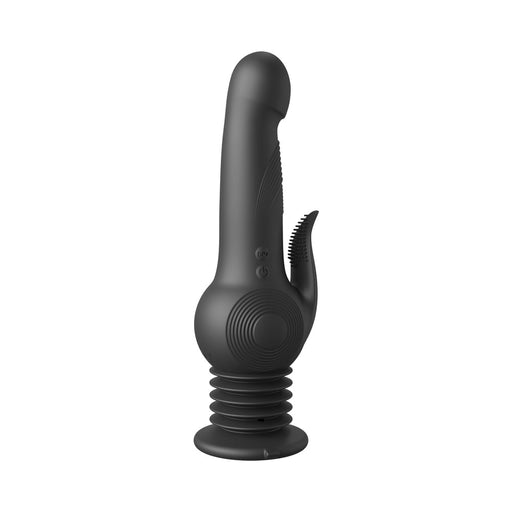 The Pogo Thruster Extreme Gyrating, Pulsating Vibrator is a black, modern personal massager crafted from silicone with a sleek design featuring a curved shaft and textured base for ergonomic use and comfort.