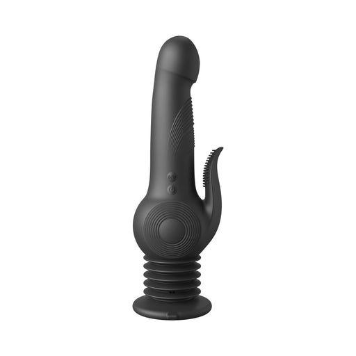 The Pogo Thruster Extreme Gyrating, Pulsating Vibrator is a black silicone personal massager featuring a ribbed shaft, U-shaped external attachment, and side button controls. Its suction cup base and flexible accordion-like design add to its multifunctional charm.