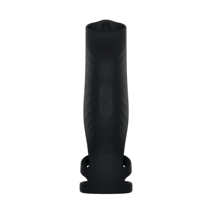 Introducing the Rocketeer Vibrating Penis Enhancer Sheath by Evolved Novelties. This black cylindrical handheld device features a textured exterior and includes a circular power button positioned near the center. Made from body-safe silicone, it boasts an open end at the top and a slightly tapered base with two small protruding handles for enhanced control.