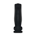 Introducing the Rocketeer Vibrating Penis Enhancer Sheath by Evolved Novelties. This black cylindrical handheld device features a textured exterior and includes a circular power button positioned near the center. Made from body-safe silicone, it boasts an open end at the top and a slightly tapered base with two small protruding handles for enhanced control.