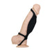 A realistic beige silicone dildo, complete with pronounced veins and a black harness from "The Rocketeer Vibrating Penis Enhancer Sheath - Black" by Evolved Novelties, features a sturdy suction cup mount. Crafted from body-safe silicone, this vibrating penis toy is designed to offer an enhanced experience.