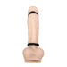 A beige, phallic-shaped object with two black bands around it is displayed against a white background. This object, The Rocketeer Vibrating Penis Enhancer Sheath - Black by Evolved Novelties, is made of body-safe silicone and features a suction base for stability.