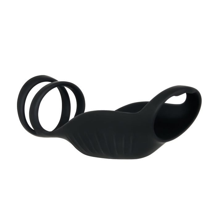 A black, body-safe silicone cock ring known as The Rocketeer Vibrating Penis Enhancer Sheath by Evolved Novelties, showcases a distinctive design with multiple loops and a textured outer surface. The larger loop is flanked by two smaller loops, providing 9 speeds of pleasure waves.