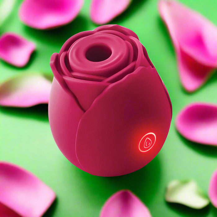 The Rose Powerful Clitoral Air Pulsation Vibrator by NS Novelties is a red, rose-shaped gadget with a central hollow opening. It features a circular power button and an illuminated indicator light below it. Designed for optimal clitoral stimulation, the device boasts a smooth surface and rests elegantly on a white background.