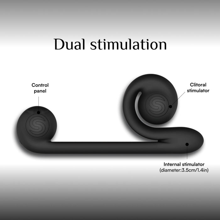 The Snail Vibe Ultra Powerful 2 Motor Dual Stimulating Vibrator is a black device featuring labeled parts: a control panel, clitoral stimulator, and internal stimulator. The diameter of the internal stimulator is 3.5 cm (1.4 inches). At the top center of the image, the text "Dual stimulation" highlights its clitoral stimulation feature.