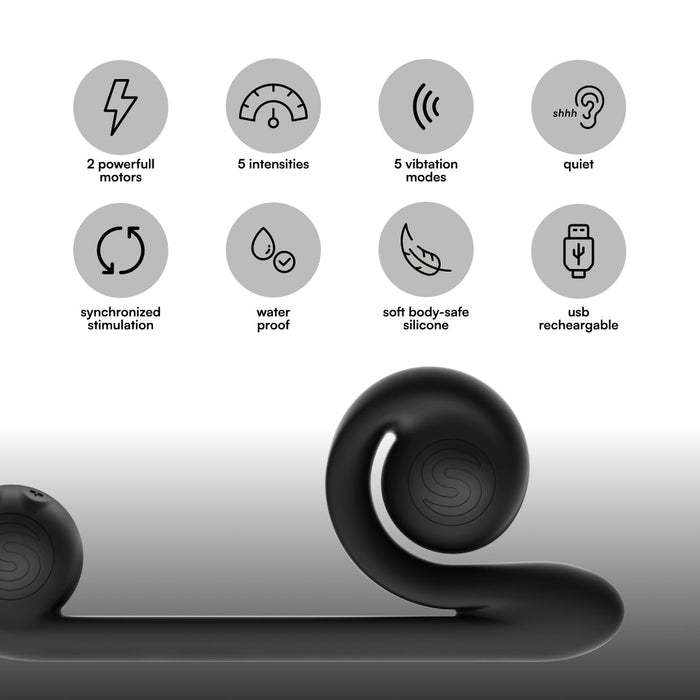 The Snail Ultra Powerful 2 Motor Dual Stimulating Vibrator in sleek black features circular icons labeling its key qualities: "2 powerful motors," "5 intensities," "quiet," "5 vibration modes," "synchronized stimulation," and "waterproof." Crafted from soft body-safe silicone and USB rechargeable, the Snail Vibe offers an ergonomic dual stimulator design for clitoral stimulation.