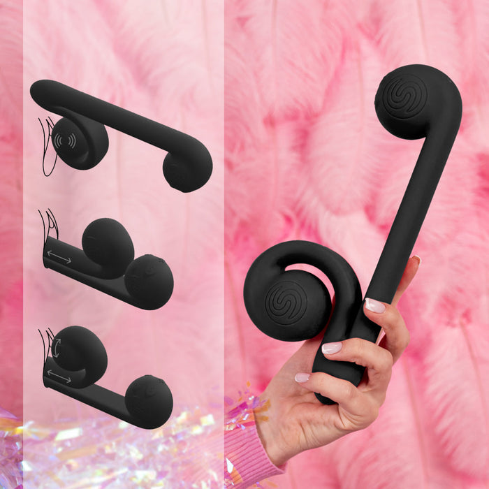 A person holds The Snail Ultra Powerful 2 Motor Dual Stimulating Vibrator - Black by Snail Vibe against a pink furry background, with three smaller images on the left highlighting the vibrator's different components and clitoral stimulation capabilities.