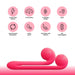 A horizontally positioned Snail Vibe, the pink Snail Ultra Powerful 2 Motor Dual Stimulating Vibrator, is at the bottom of the image. Above it are eight icons with text explaining its features: powerful motors, synchronization, waterproof silicone, various intensities, multiple vibration modes, soft silicone material, quiet operation, and USB rechargeability.