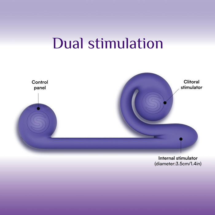 A diagram of The Snail Ultra Powerful 2 Motor Dual Stimulating Vibrator - Purple, from the Snail Vibe brand, with labels pointing to different parts. A curved section is labeled Clitoral stimulator, a larger rounded end is labeled Internal stimulator (diameter: 3.5cm/1.4in), and another end is labeled Control panel, made of waterproof silicone.