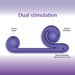 A diagram of The Snail Ultra Powerful 2 Motor Dual Stimulating Vibrator - Purple, from the Snail Vibe brand, with labels pointing to different parts. A curved section is labeled Clitoral stimulator, a larger rounded end is labeled Internal stimulator (diameter: 3.5cm/1.4in), and another end is labeled Control panel, made of waterproof silicone.