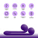 An image of The Snail Ultra Powerful 2 Motor Dual Stimulating Vibrator - Purple by Snail Vibe, featuring its unique dual-ended design alongside icons and descriptions. The icons emphasize the vibrator's features: dual stimulation, two powerful motors, five intensity levels, five vibration modes, quiet operation, synchronized stimulation, waterproof silicone construction, and USB rechargeability.