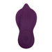 The Velvet Hammer Thrusting Hands-Free Dual Stimulation Vibrator by Evolved Novelties is a compact, purple waterproof silicone vibrator featuring a textured, leaf-like design on its surface and a circular power button at its base.