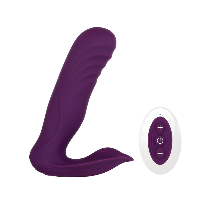 A purple, curved silicone vibrator with a textured design, known as The Velvet Hammer Thrusting Hands-Free Dual Stimulation Vibrator by Evolved Novelties, is shown next to a white, oval-shaped remote control with four buttons: a "+" symbol, a "-" symbol, a power button, and a waveform button. This waterproof vibrator ensures versatile pleasure for any moment.