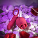 An Evolved Novelties silicone vibrator with a red, textured, ring handle and The Wild Rose Licking Tongue and Thrusting Bullet Vibrator, also in red with USB charging, lie amidst white pebbles under purple lighting. Red roses surround the vibrators.