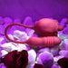 The Wild Rose Licking Tongue and Thrusting Bullet Vibrator from Evolved Novelties, a pink, flower-shaped vibrator made of silky silicone with a flexible connected handle, rests on a bed of white stones. Two red roses lie nearby, and the scene is bathed in purple lighting, creating an intimate atmosphere.