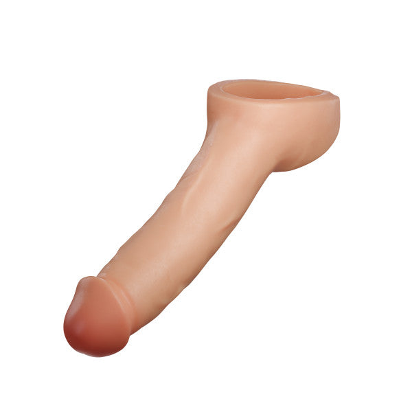 The Thrive 2.5 Inch Veiny Silicone Penis Extender with Ball Strap by Blush is a realistic, flesh-toned enhancer featuring an ultra-realistic design with a slight upward curve. Made from dual density platinum cured liquid silicone, this extender showcases detailed textures and a flared cup opening for a ribbed interior that enhances stimulation.