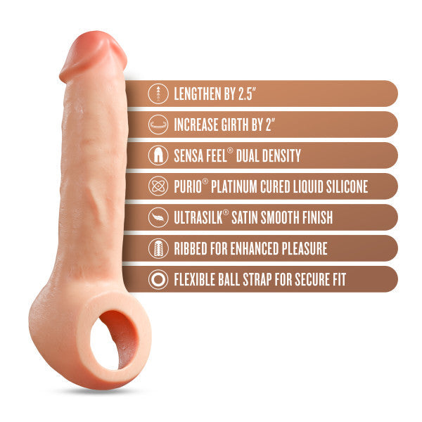 Image of the Blush Thrive 2.5 Inch Veiny Silicone Penis Extender with Ball Strap featuring a list of attributes. The attributes listed are: "Lengthen by 2.5 inches", "Increase Girth by 2 inches", "Sensa Feel® Dual Density", "Purio® Platinum Cured Liquid Silicone", "Ultrasilk® Satin Smooth Finish", and a flexible ball strap with a ribbed interior for enhanced pleasure and stimulation.