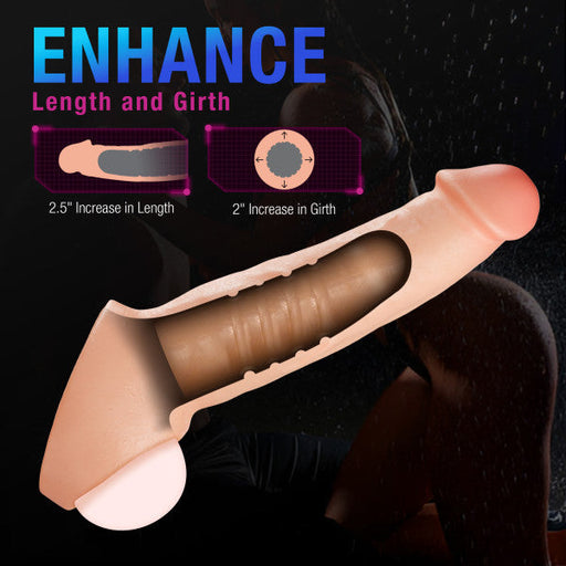 A promotional image for the Thrive 2.5 Inch Veiny Silicone Penis Extender with Ball Strap, produced by Blush. The background features a dark, shadowy figure. Text on the image reads "ENHANCE Length and Girth," highlighting a 2.5" increase in length and a 2" increase in girth with dual-density platinum cured liquid silicone. The ultra-realistic silicone enhancer is shown in the foreground.