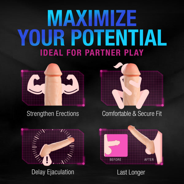 A graphic with the title "Maximize Your Potential" and "Ideal for Partner Play" showcases illustrations of an erect penis highlighting benefits: strengthening erections, comfortable & secure fit, delaying ejaculation, and lasting longer. Features include the Blush Thrive 2.5 Inch Veiny Silicone Penis Extender with Ball Strap and its ribbed interior for enhancing stimulation.