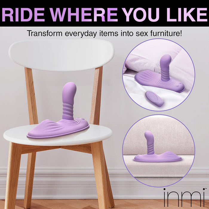 A purple Thrust 'N' Grind Thrusting & Vibrating Silicone Grinder with Remote is displayed on a white chair. The image shows the XR Brands product on a bed and includes a wireless remote control. The text says, "RIDE WHERE YOU LIKE. Transform everyday items into sex furniture!" Brand name "XR Brands" is at the bottom right.