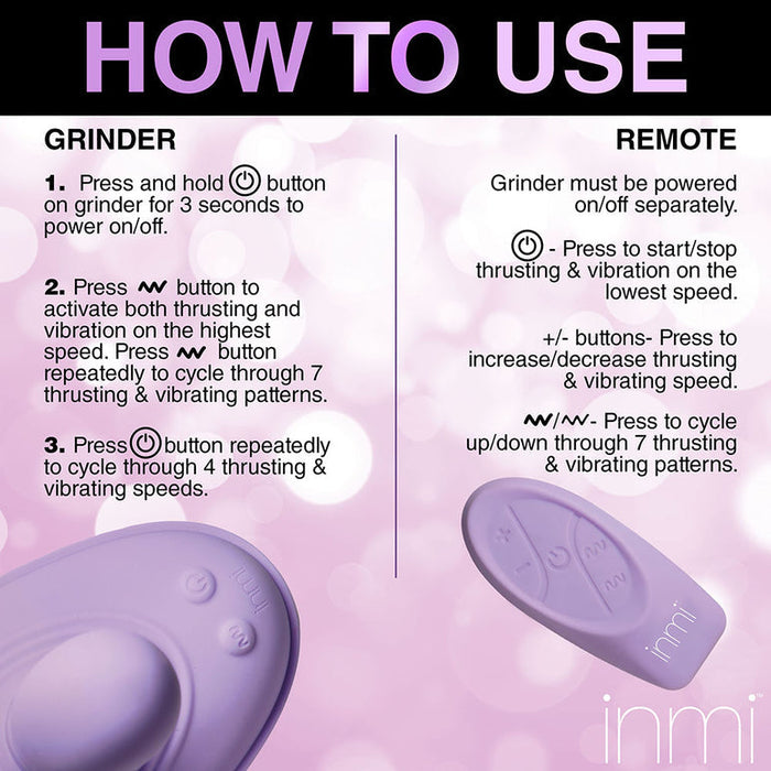 An instructional graphic titled "How to Use" features steps for operating the Thrust 'N' Grind Thrusting & Vibrating Silicone Grinder with Remote. The grinder section explains button functions for powering on/off, activating settings, and cycling through modes. The mini sex machine section covers power, start/stop, and adjusting thrusting and vibrating settings. This product is brought to you by XR Brands.