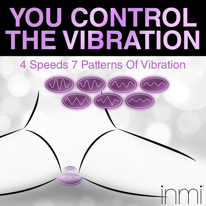 An illustration displays a pelvic region with the Thrust 'N' Grind Thrusting & Vibrating Silicone Grinder with Remote resting on the clitoris. The image features the text "YOU CONTROL THE VIBRATION" and "4 Speeds 7 Patterns Of Vibration," alongside seven graphical representations of vibration patterns. Showcasing its waterproof design, the brand name "XR Brands" is included.