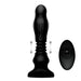 The Thunder Plugs Swelling and Thrusting Silicone Plug with a Remote Control by XR Brands is a black anal toy with ribbed sections for added texture. Double-headed arrows indicate its up-and-down motion capabilities, and the remote control features buttons for adjusting the settings.