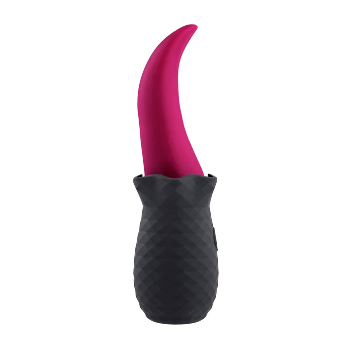 The Tongue Teaser Flickering Realistic Red Tongue Vibrator by Evolved Novelties is a pink silicone flexible toy with a black diamond-patterned handle, designed for sexual pleasure. Its curved tip mimics realistic oral sensations and extends from a robust black base that appears textured for better grip. Additionally, it's waterproof and submersible for added convenience.