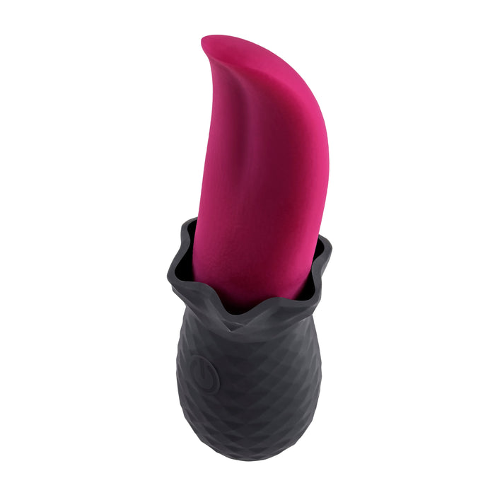 The Evolved Novelties Tongue Teaser Flickering Realistic Red Tongue Vibrator is depicted. This red, curved silicone vibrator features a flexible tongue with a pointed tip and has a black base with a subtle diamond pattern and a power button. The modern, ergonomic design is tailored for realistic oral sensations and is both waterproof and submersible.