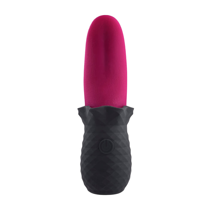 The Tongue Teaser Flickering Realistic Red Tongue Vibrator from Evolved Novelties is an electric handheld massager with a bright pink tapered top and a textured black base with a power button. It features a flexible tongue vibrator that mimics realistic oral sensations, and it's both waterproof and submersible for versatile use.