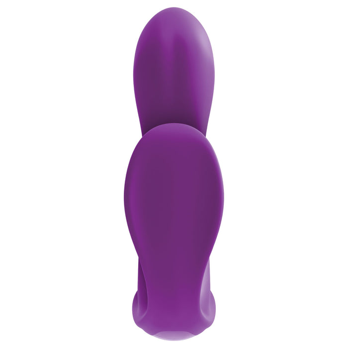 A purple, smooth, rubber-like Pipedream Products' Total Ecstasy Remote Controlled Double Penetration Vibrator with two bulbous sections stacked on top of each other, viewed from above on a white background.