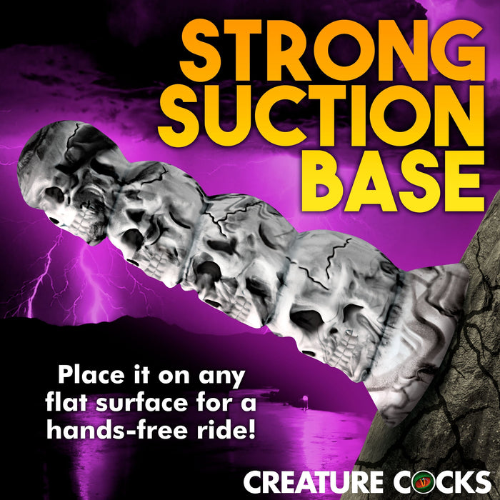 A meticulously crafted promotional image showcasing the Tower of Doom Silicone Skull Dildo, illustrating a phallic object adorned with skull designs and a powerful suction-cup base. The text highlights "PREMIUM SILICONE" and "Place it on any flat surface for a hands-free ride!" prominently displaying the brand name "XR Brands.